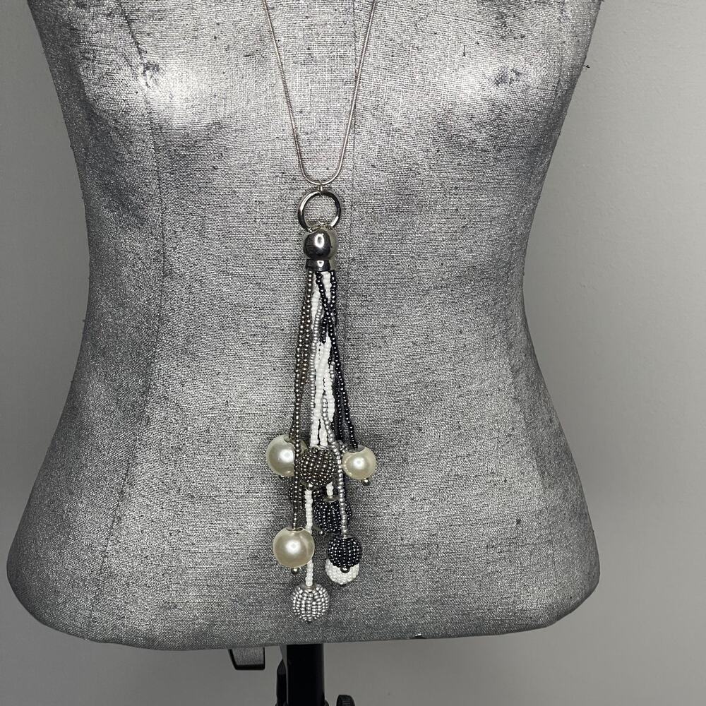 Jules B necklace jewelry Silver tone long chain link w micro bead tassel pendant